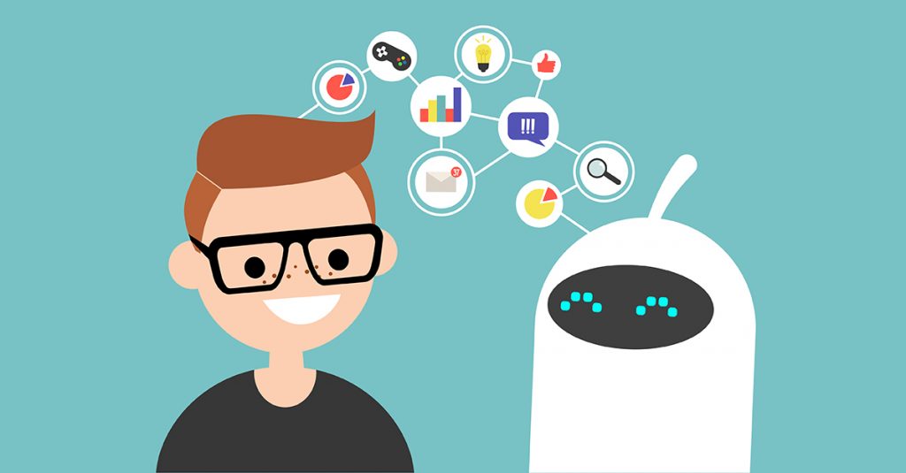 Illustrazione di una persona e di un robot che condividono icone, a simboleggiare come addestrare l'intelligenza artificiale insieme.
