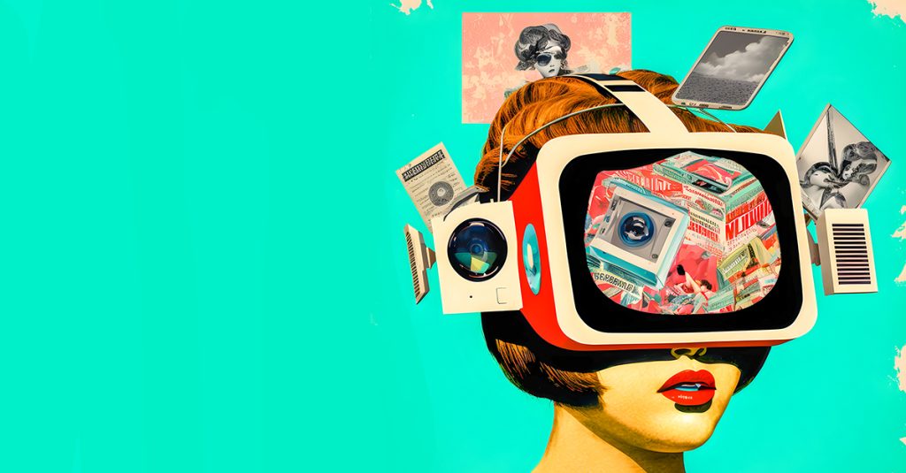 Una donna con un televisore retrò in testa mostra annunci pubblicitari d'epoca; gadget, carte e un telefonino galleggiano sul turchese.