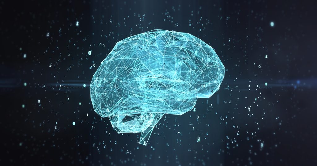 Illustrazione digitale wireframe di un cervello umano con linee di rete artificiali e luminose su sfondo scuro.