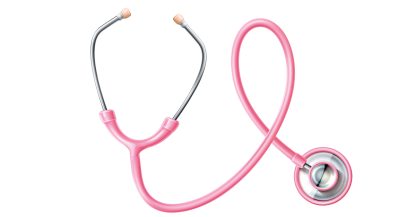 Uno stetoscopio rosa con accenti argentati, pronto a curare ogni paziente, è arrotolato su uno sfondo bianco.