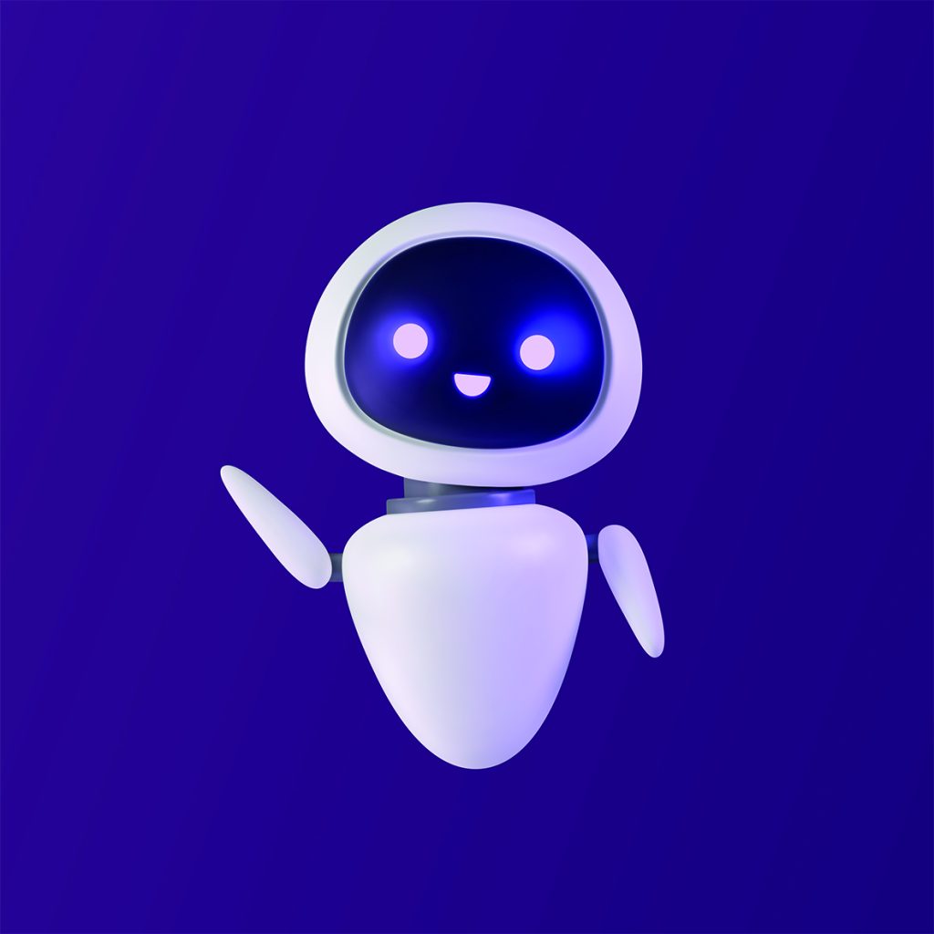 Un robot autore sorridente con il volto blu e gli occhi luminosi ondeggia su uno sfondo viola.
