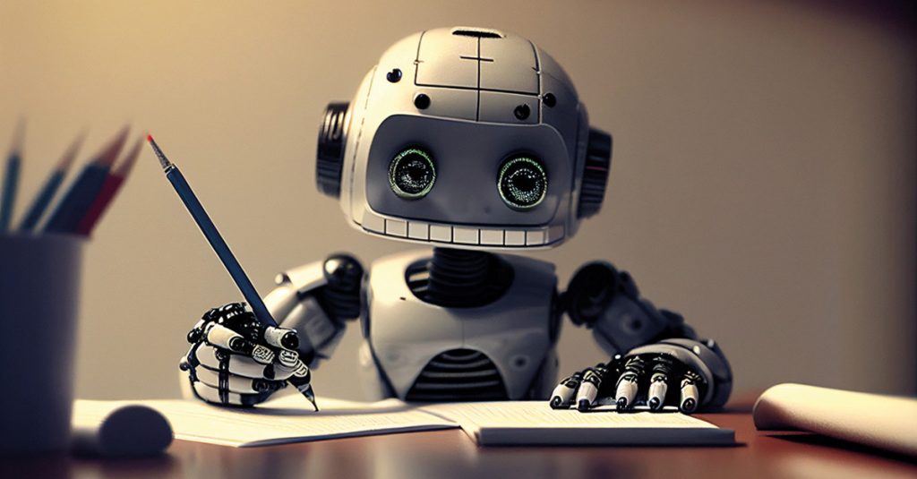 Un robot è seduto a una scrivania con una matita in mano e scrive su carta, con note ChatGPT e matite colorate nelle vicinanze.