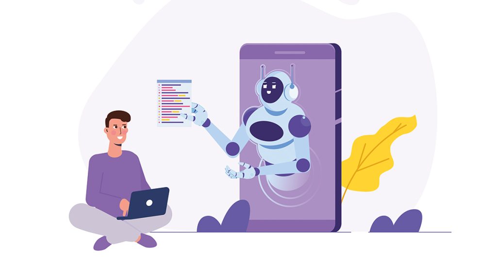 Una persona con un computer portatile siede accanto a un grande telefono che mostra l'intelligenza artificiale mentre consegna un documento colorato.