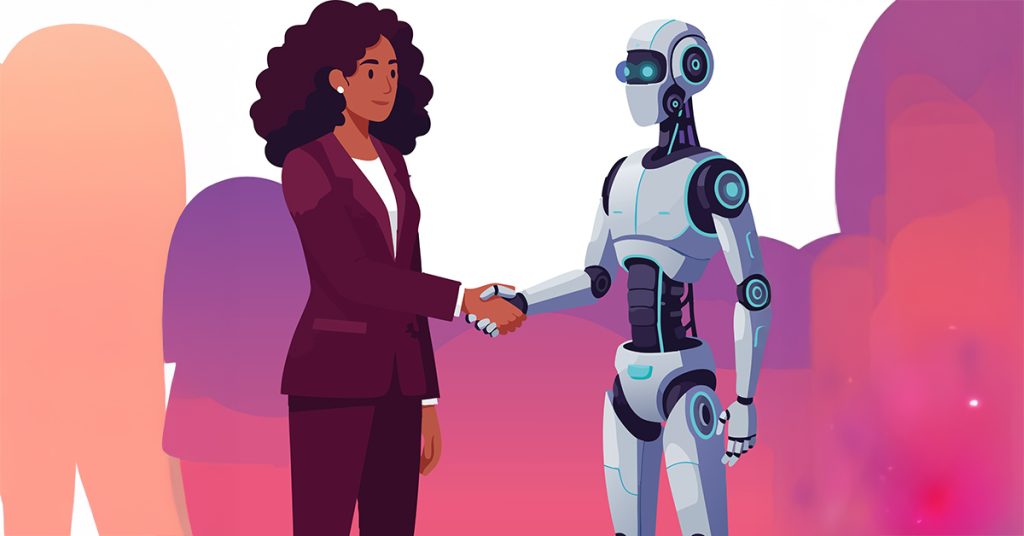 Disegno di una donna in abito viola che stringe la mano a un robot futuristico, che forse dice frasi fatte