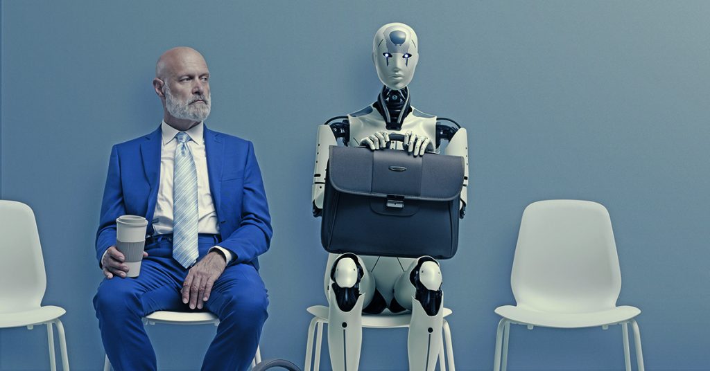 Umanoide seduto in sala d'attesa di fianco a una persona a simboleggiare la presenza delle intelligenze artificiali, anche quelle progettate dalle aziende di Musk