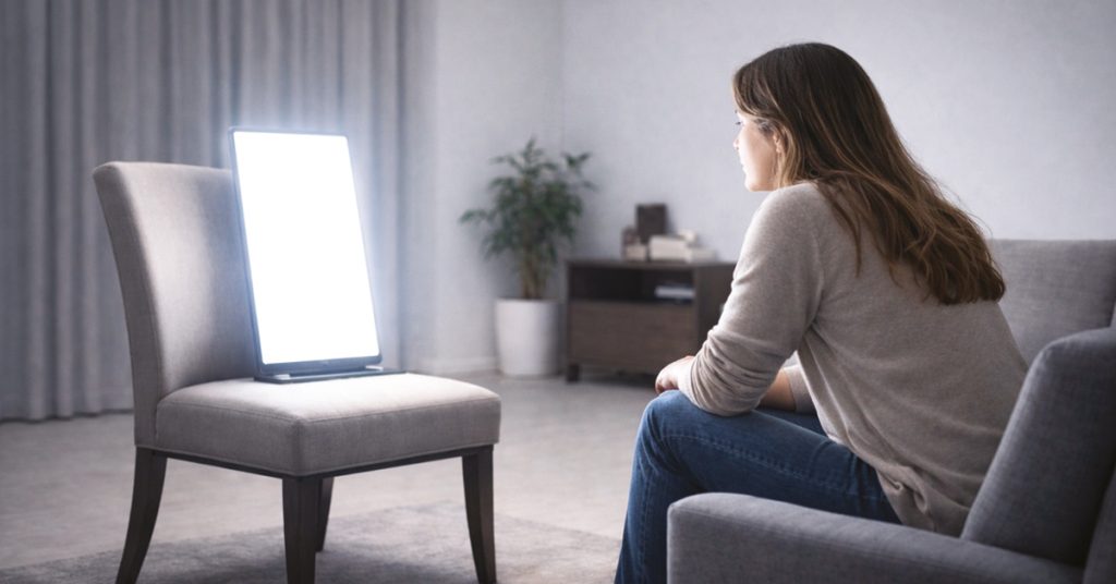 Immagine di donna seduta davanti ad uno schermo che sembra intelligenza artificiale