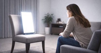 Immagine di donna seduta davanti ad uno schermo che sembra intelligenza artificiale