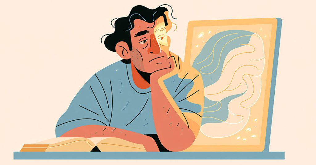 immagine di uomo assorto che pensa di arrendersi all'intelligenza artificiale